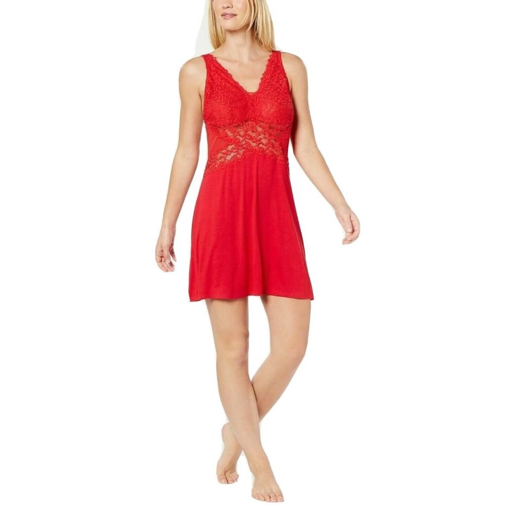 INC Women's Gown Red M Soft Knit Chemise Nightgown Lace Detail V-Neck Sleepwear